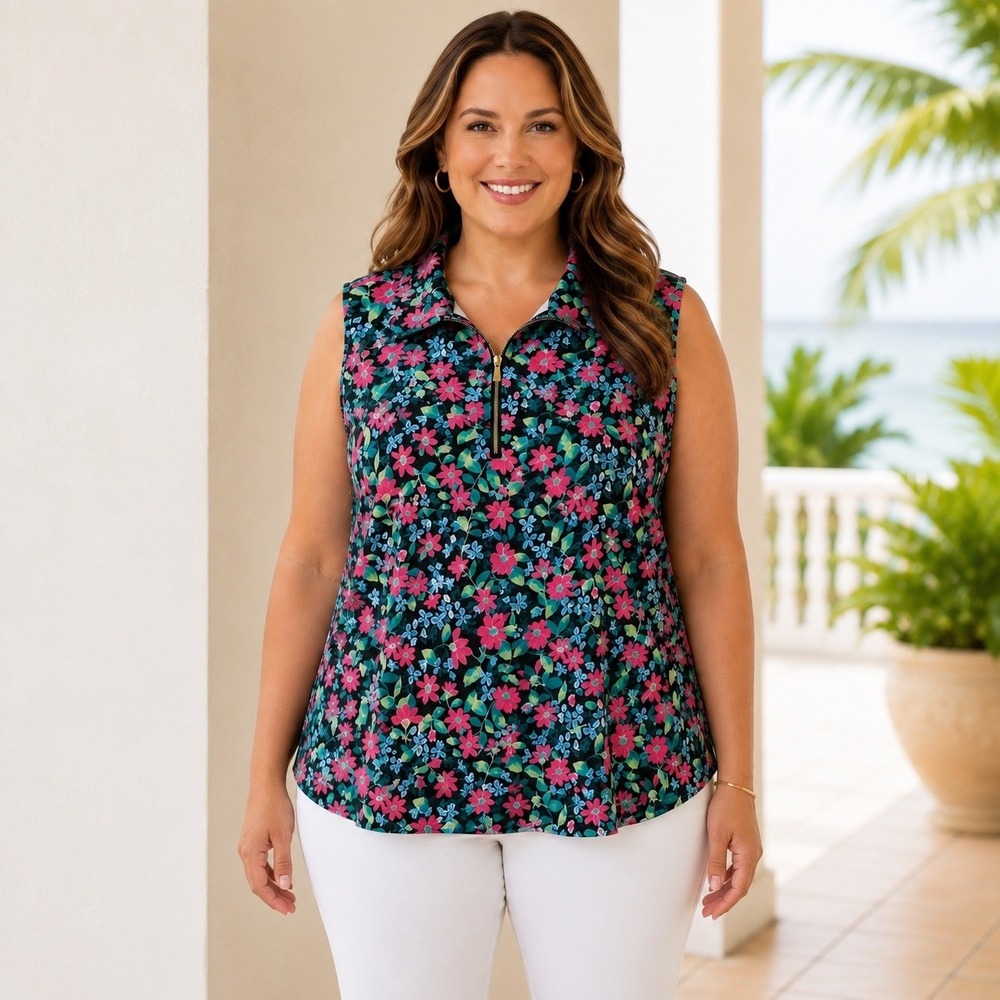 Dear Scarlett Sundial Floral Quarter Zip Sleeveless Top 3X Black Pink Resort NWT